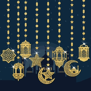 Ramadan Eid Mubarak Hanging Decorations Glitter Paper Lantern Star Moon Crescent Mosque Hanging Ornaments Home Party Ceiling Decor