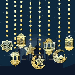 8pcs gold Ramadan star and moon hanging pendants with intricate laser-cut lantern designs