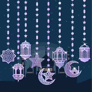Close-up of 8pcs purple Eid Ramadan hanging ornaments featuring hollow moon and star designs