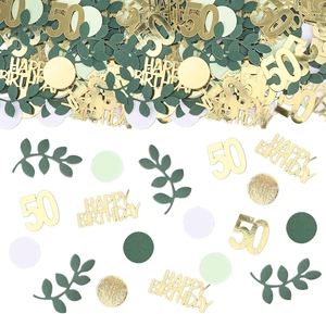 Detailed view of gold 50th birthday confetti with green leaves and round sequins