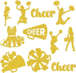 Close-up of gold glitter cheerleader confetti with megaphones and pom-poms for table decor