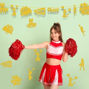 Glittering gold cheerleader banner set with megaphone and star shapes for birthday party
