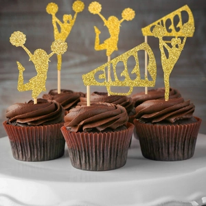 Gold glitter cheerleader cupcake toppers with cheerleader silhouettes and cheer megaphone