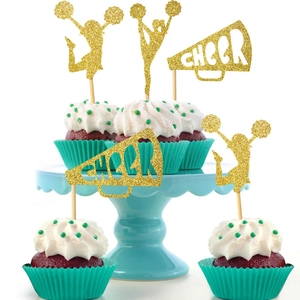 Gold glitter cheerleader cake toppers and cheer megaphone picks set for party cupcakes