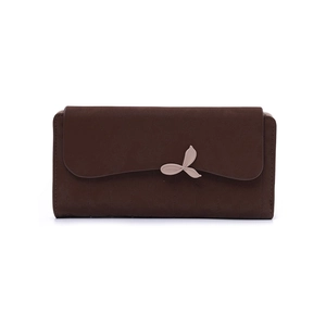 Detail of dark brown matte long wallet for women featuring a stylish leaf clasp design