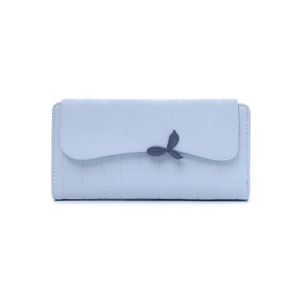 Detail of light blue long wallet with leaf charm and elegant vertical stitching texture