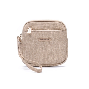 Detail of beige woven fabric wallet with PRETTYZYS metal logo and convenient wrist strap