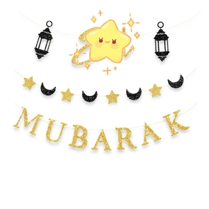 Décoration de fête Eid Mubarak avec lettres dorées pailletées, étoiles et bannière lune