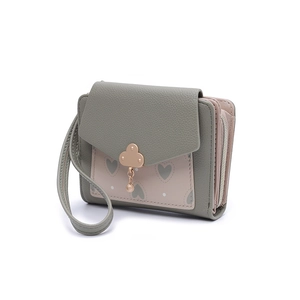 Close-up of short bifold wallet with cloud clasp, zipper pocket and heart print