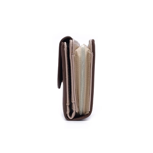 Side view of bicolor long wallet showing multi-layered compartments and silver zipper detail