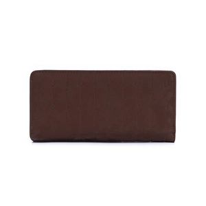 Close-up of brown long leather wallet featuring vintage leaf buckle and embossed texture