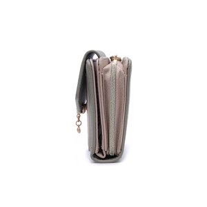 Side view of compact PU leather wallet showing zip compartment and leaf pendant