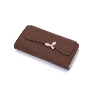 Vintage brown long wallet for women with leaf buckle and embossed circle patterns
