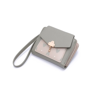 Women's tri-fold wallet in grey and pink faux leather with heart print and cloud lock