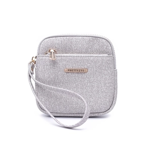 Detail of grey woven texture small wallet with dual zipper compartments and wrist strap