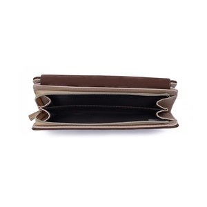 Brown and beige long wallet featuring accordion compartments and golden zipper hardware