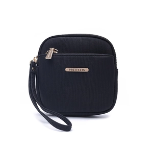 Close-up of black textured short wallet with gold metal logo and wristlet strap