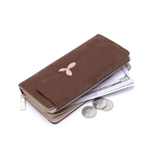 Brown long leather wallet for women with leaf buckle and double zipper compartments
