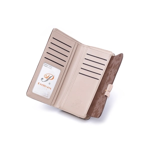 Detail view of the multi-slot card holder and interior layout of the long leather wallet