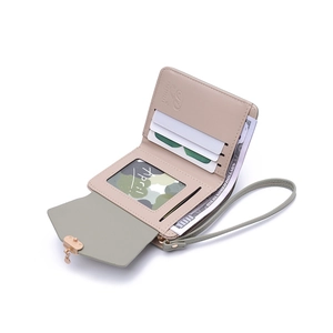 Minimalist beige and green PU leather folding wallet with card slots and wristlet strap
