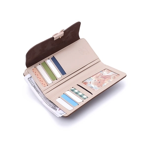 Contrast color long bifold wallet with multiple card slots and leather texture