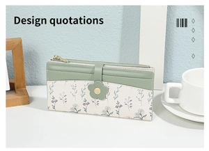 Detailed view of floral pattern PU leather wallet with flower clasp and card slots