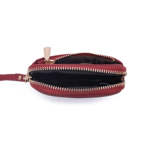 Red textured PU leather small wallet for women with double zipper and wristlet strap