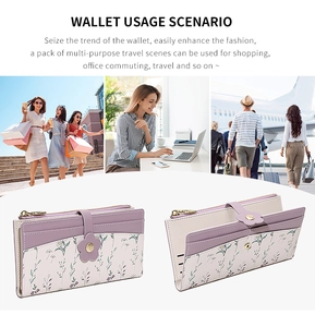 Floral PU leather long wallet with purple trim and multi-card slots shown in various use cases