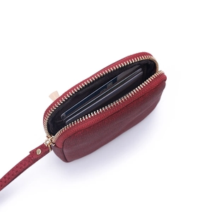 Minimalist burgundy litchi grain wallet with gold zipper and multi-card slot design