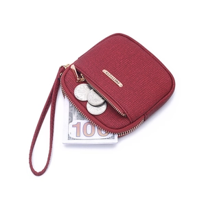 Minimalist wine red short wallet with zipper, synthetic leather coin purse with wristlet
