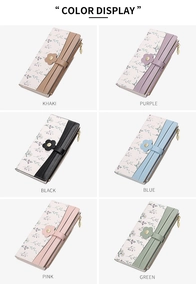 Floral PU leather women wallet set showing six colors with gold leaf zipper puller