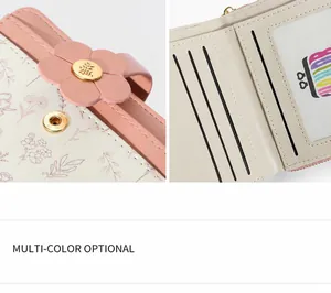 Dettaglio del portafoglio pieghevole in pelle PU floreale con slot carte e finestra foto