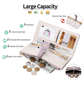 Detailed view of women's floral PU leather wallet interior with 11 card slots and zipper pocket