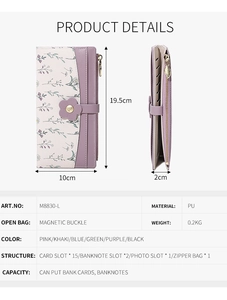 Detail view of purple PU leather wallet with floral print and gold leaf zipper charm