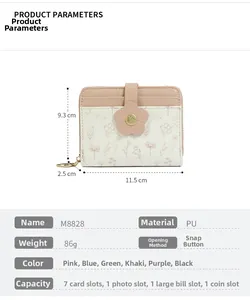 Detailed view of PU floral wallet specifications and internal structure dimensions