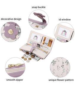 Detailed interior of tri-fold floral wallet featuring card slots, ID window and coin pouch