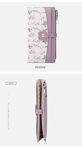 Detail of purple floral PU leather wallet featuring multiple card slots and magnetic buckle