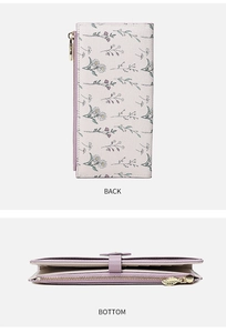 Detailed bottom view showing accordion structure and leaf zipper of floral long wallet
