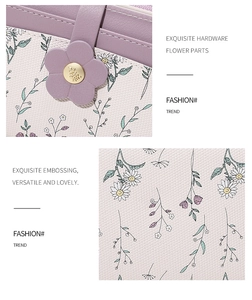 Macro detail of purple floral print on cream leather with leaf-shaped magnetic buckle