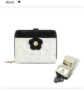 Detail view of the multi-slot interior and floral clasp on this black foldable PU wallet