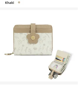 Detail view of khaki floral PU leather wallet showing internal card slots and coin pocket