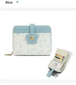 Detail of blue floral tri-fold wallet showing card slots and zipper coin pocket