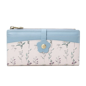 Close-up of floral pattern and decorative flower clasp on long PU leather wallet