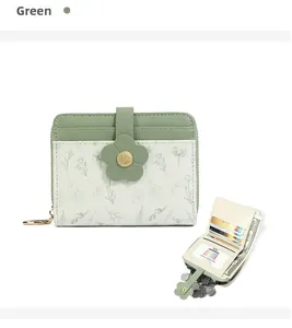 Detail view of green floral PU leather wallet with card slots and zipper coin pocket
