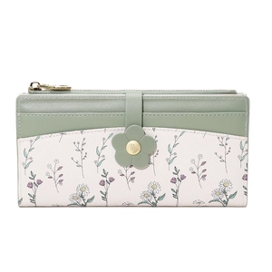 Detail of green and white floral PU leather long wallet with daisy print and flower clasp