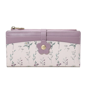 Lavender purple long floral wallet for women with golden flower clasp and zipper closure