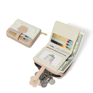 Close-up of PU leather floral wallet showing multi-card slots and zippered coin pouch