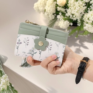 Women Short Wallet PU Leather Floral Print Flower Buckle Bifold Multi Card Slots Small Coin Purse Stylish Clutch