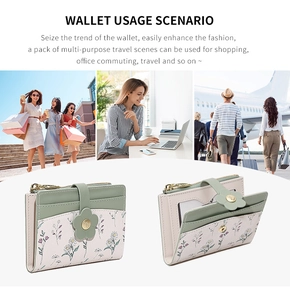 Multi-slot compact floral wallet with snap closure and zippered coin pocket for women