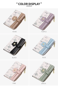 Multi-color floral PU leather wallets showing card slots and leaf zipper details